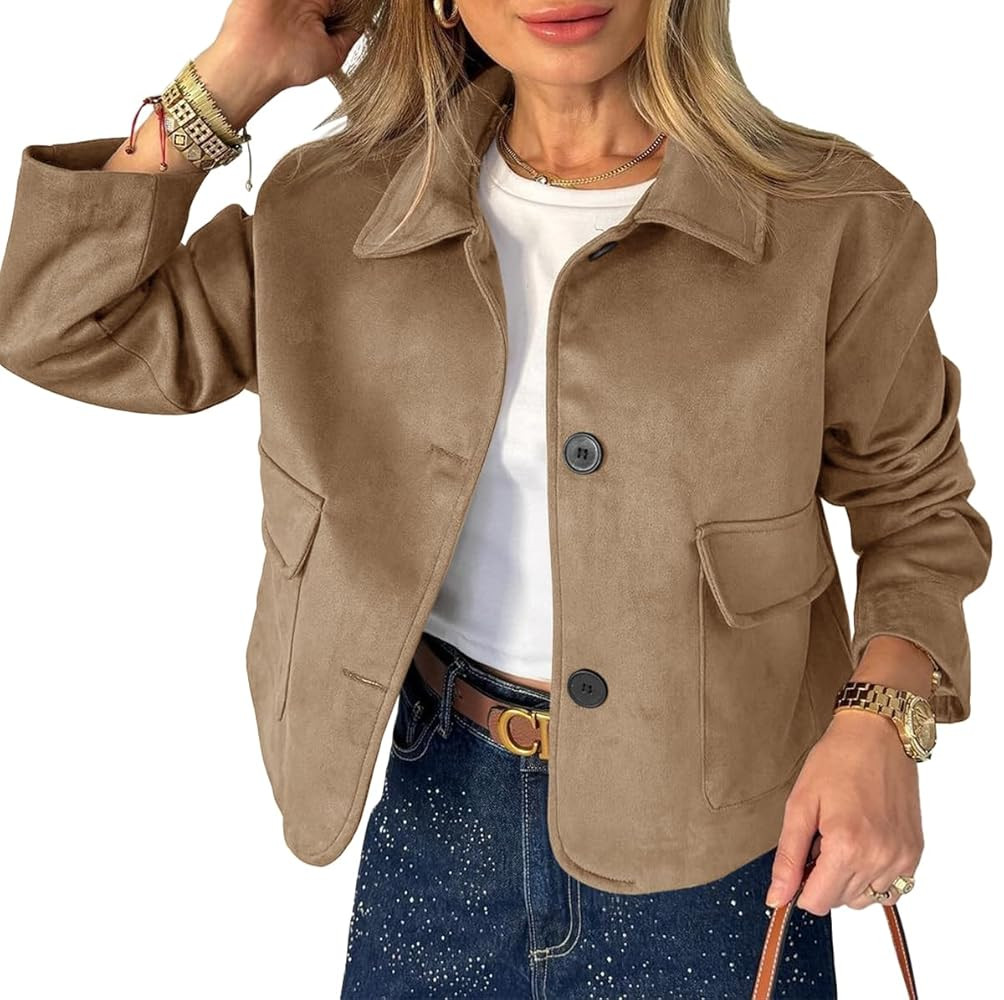 Tankaneo Womens Faux Suede Leather Jackets Casual Cropped Coats Vintage Button Down Shackets | Amazon (US)