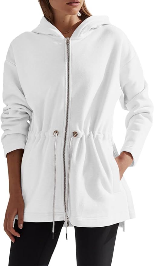 Fisoew Women's Zip Up Hoodie Sweatshirts Oversized Long Sleeve Casual Drawstring Waist Side Slit ... | Amazon (US)