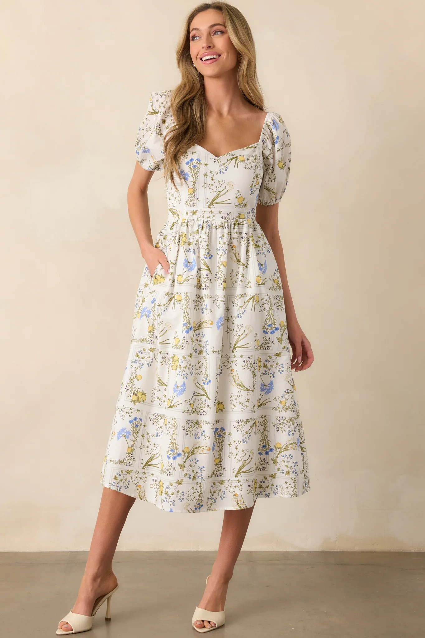 The Best Way White Floral Lemon Print Cotton Midi Dress | Red Dress