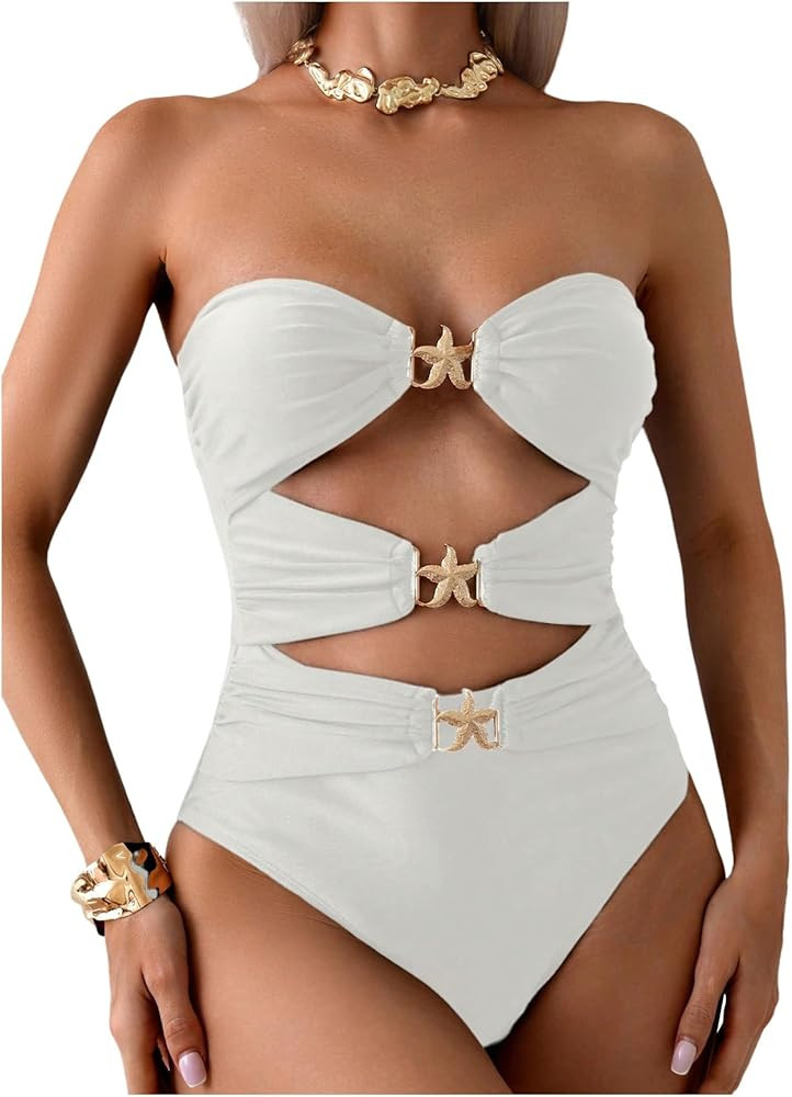 Milumia Women's Metal Starfish Strapless Cut Out One Piece Swimsuits Ruched Bandeau Bathing Suit | Amazon (US)
