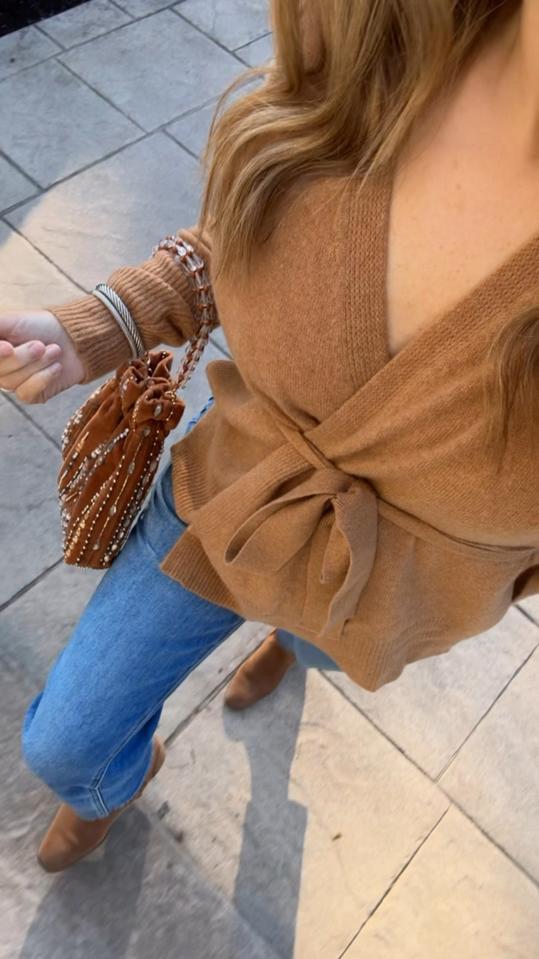 Cashmere wrap sweater and velvet embellished bag on sale! My jeans are on sale too for under $100! I’m wearing a size small in the sweater and a size 28 jeans. 

#LTKItBag #LTKFindsUnder100