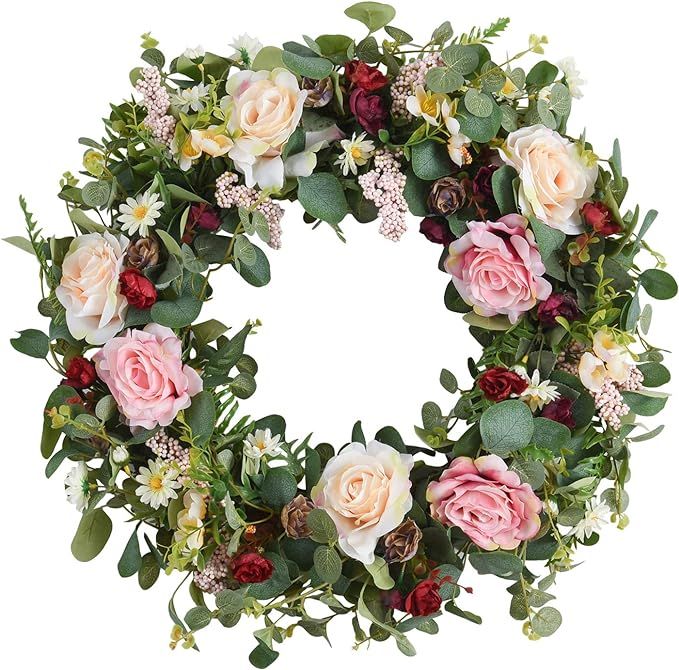 WANNA-CUL 24 Inch Spring Artificial Rose Flower Wreath for Front Door ,Pink and Wine Red Floral D... | Amazon (US)
