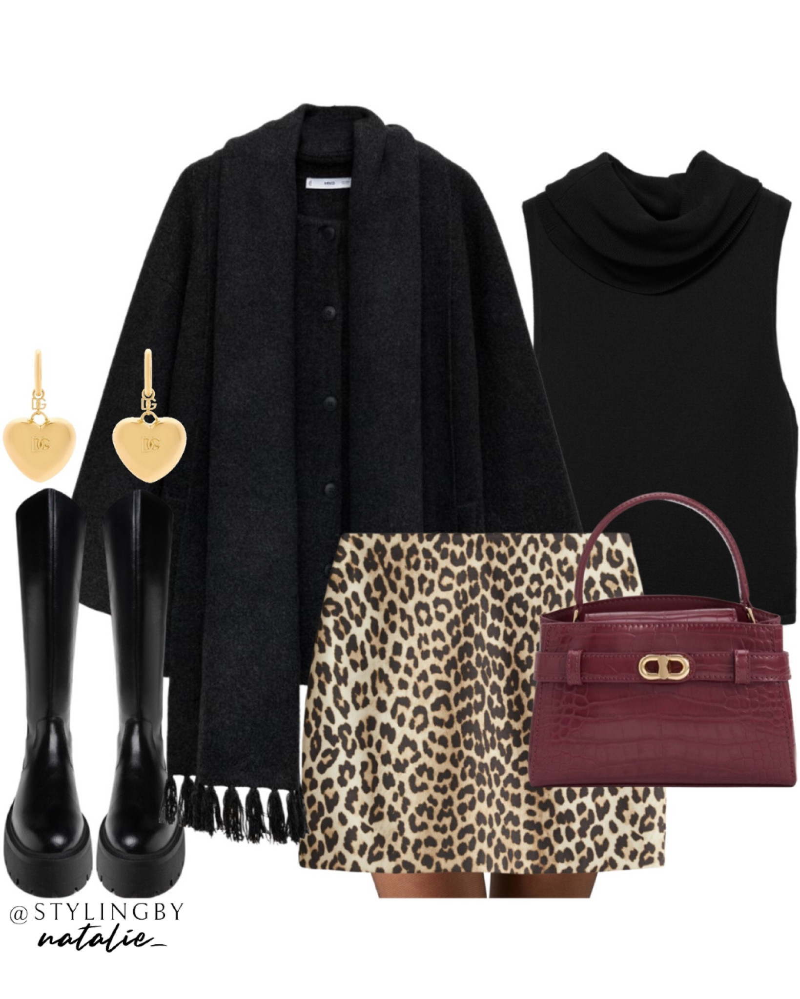 Black scarf coat, leopard print mini skirt, burgundy bag, knee high flat boots, gold heart earrings.
Animal print, knitwear, autumn winter outfit.

#LTKautumn #LTKstyletip #LTKxBoots