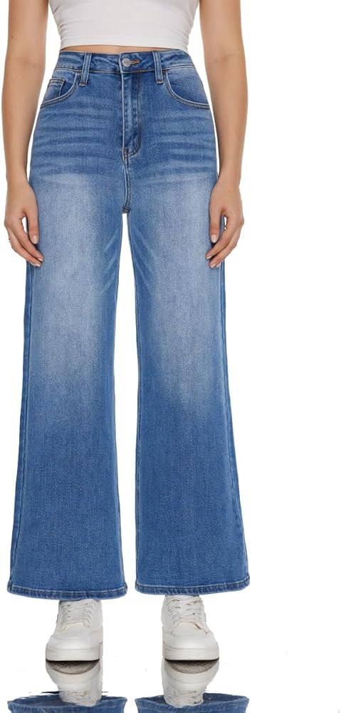 ONESO Mid-Low Rise Baggy Jeans Wide Leg for Women Distressed Pants Stretchy Bottom Lady Basic Com... | Amazon (US)