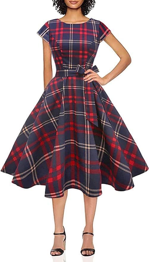 PUKAVT Women's 1950 Boatneck Cap Sleeve Vintage Swing Cocktail Party Dress with Pockets Red Plaid... | Amazon (US)