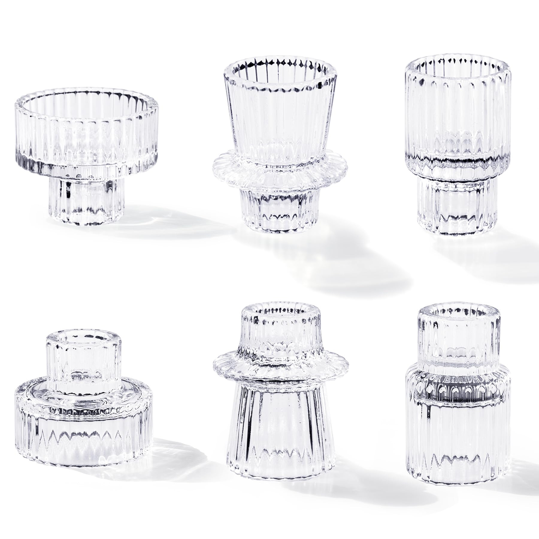 Candlestick Holders Set of 6, Ribbed Glass Taper Candle Holders, Reversible Clear Tealight & Cand... | Amazon (US)