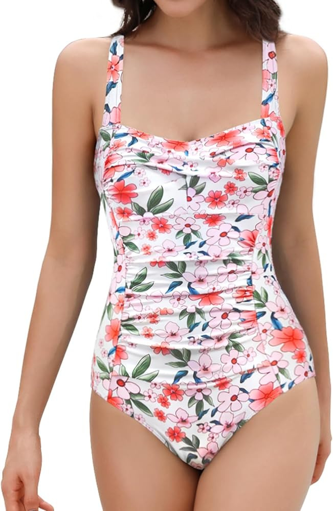 SHEKINI Women's Ruched Tummy Control Swimsuits Vintage Push Up One Piece Bathing Suit Padded Swim... | Amazon (US)