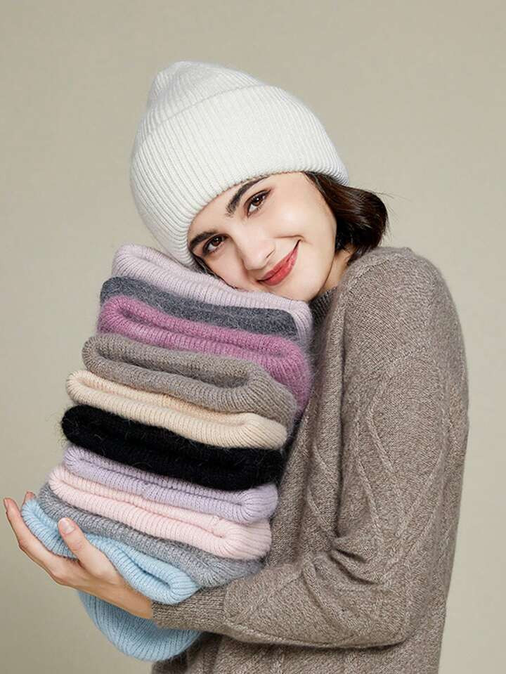 1pc Women's Casual Elegant Solid Color Rabbit Fur Knit Beanie Hat, Warm Thickened Fashion Simple ... | SHEIN
