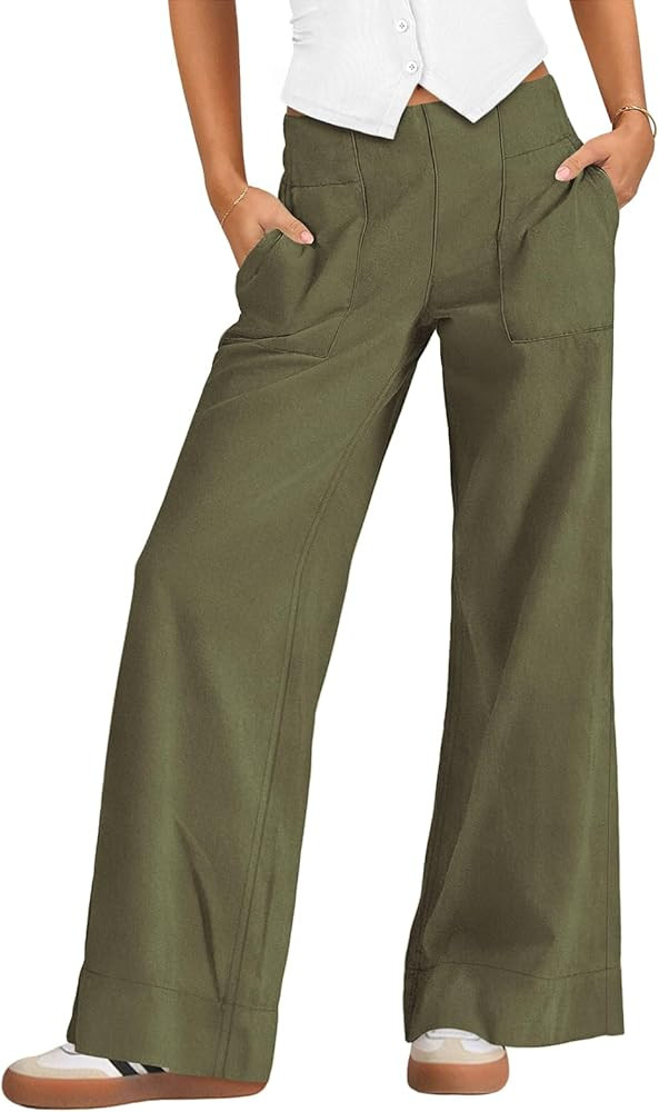 Womens Wide Leg Pants for Women Elastic Waist Pull On Baggy Cargo Pants Low Rise Stretchy Trouser... | Amazon (US)