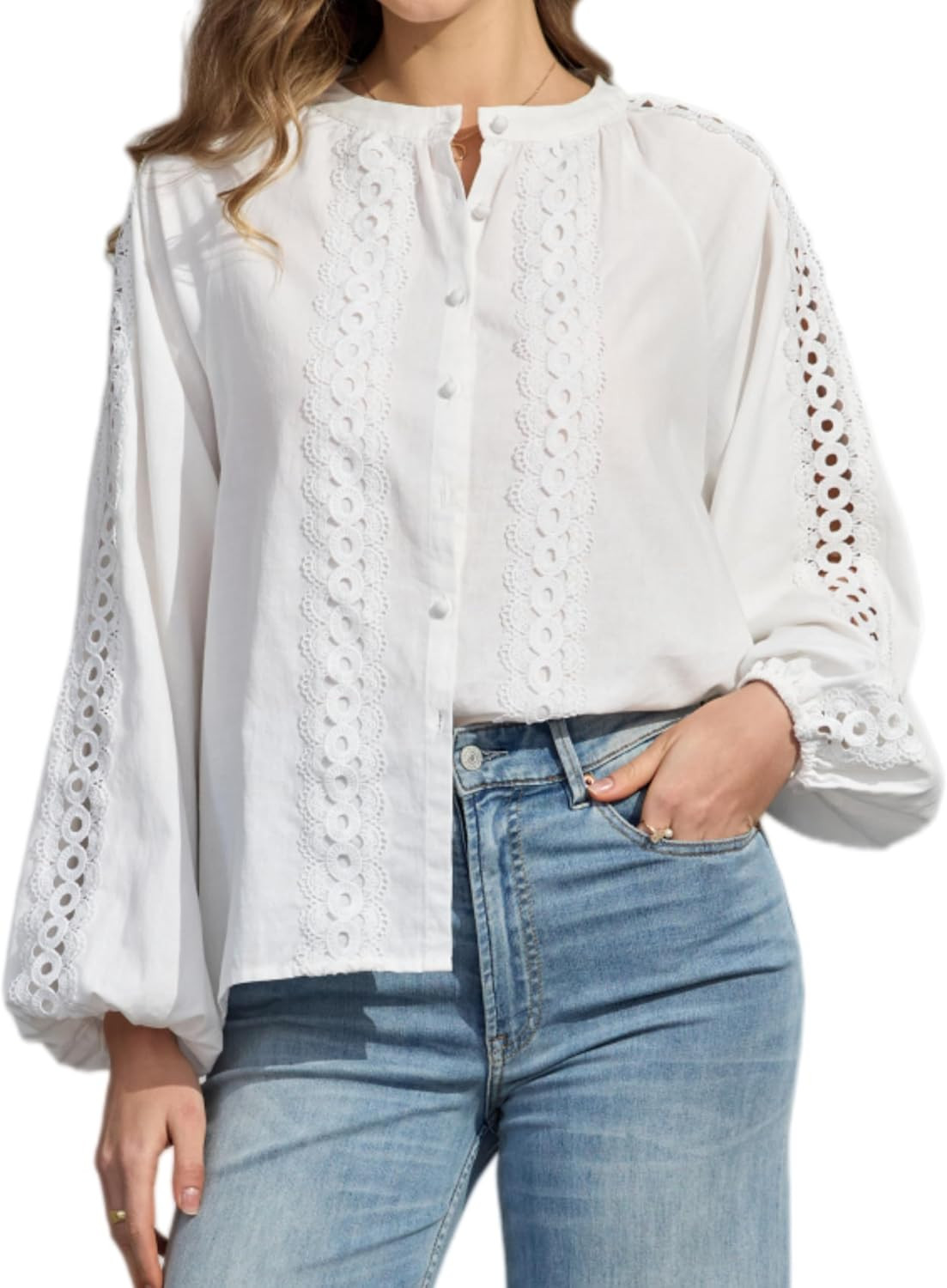 Women's Button Up Lace Trim Lantern Sleeve Cotton Rayon Daily Tunic Shirt | Amazon (US)