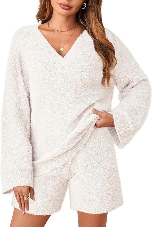 MEROKEETY Women's 2 Piece Outfits Fuzzy Fleece Sweater Set Long Sleeve Tops and Shorts Pajamas Se... | Amazon (US)