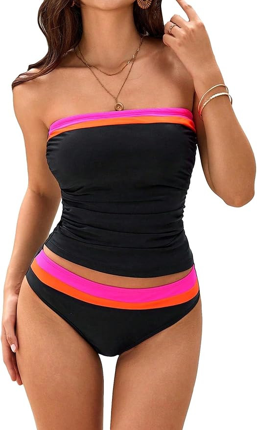 SOLY HUX Tankini Swimsuits for Women Color Block Bandeau Ruched Bikini Two Piece Bathing Suits | Amazon (US)