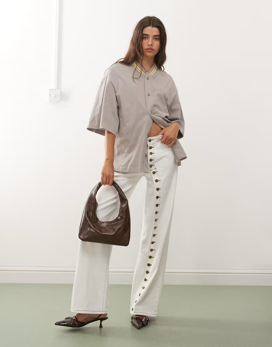Lioness Penny asymmetric button detail wide leg jeans in white | ASOS (Global)