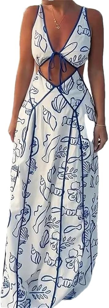 Women's Long Dress Summer Sexy Retro Print V Neck Dress Hollow Strap Party Dress | Amazon (US)