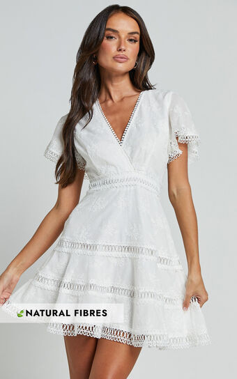 Ariana Mini Dress - V Neck Flutter Sleeve A Line in White | Showpo (US, UK & Europe)