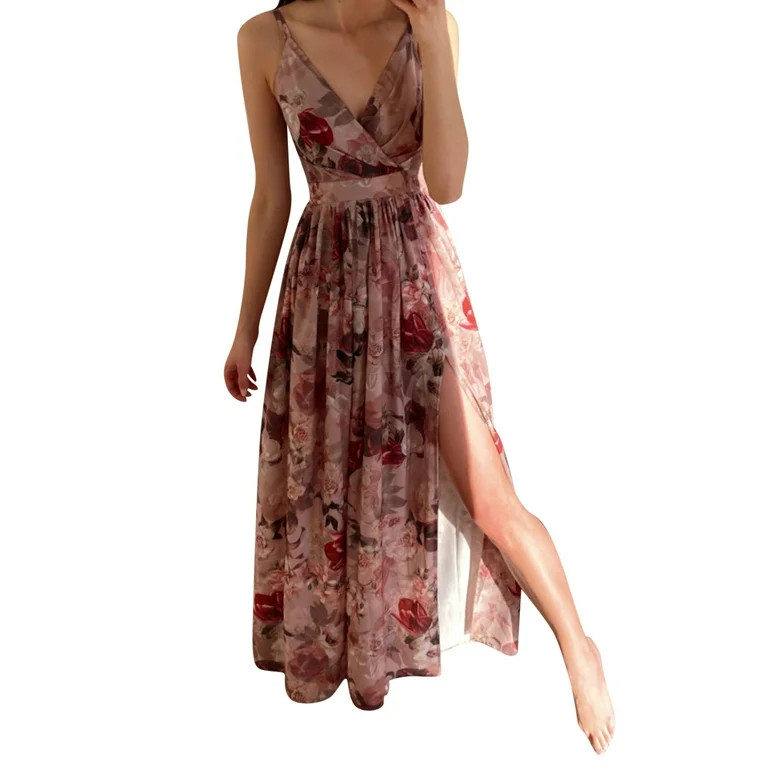Sayhi Women Floral Printed Sleeveless Elegant Evening Dress V Neck Split Thigh Slip Dress Summer ... | Walmart (US)