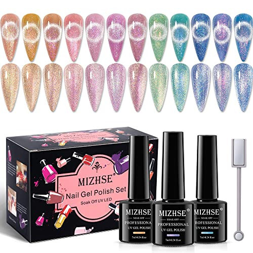 MIZHSE Unicorn Cat Eye Gel Nail Polish 7ml, Pearl Mermaid Cateye Magnetic Gel Polish Kit Pink Blue Soak Off UV LED DIY Manicure Set for Home Salon | Amazon (US)