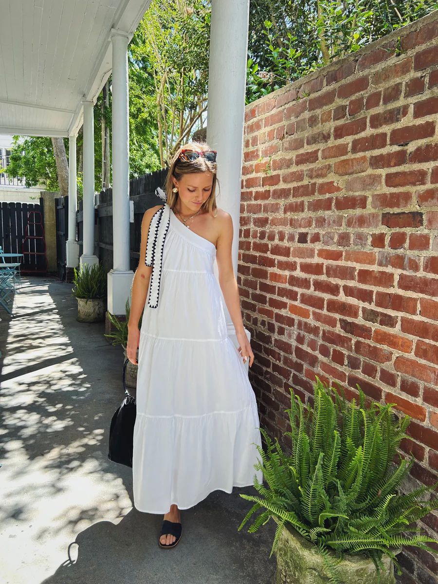 Rosie Maxi Dress White with Navy Whipstitch | Madison Mathews