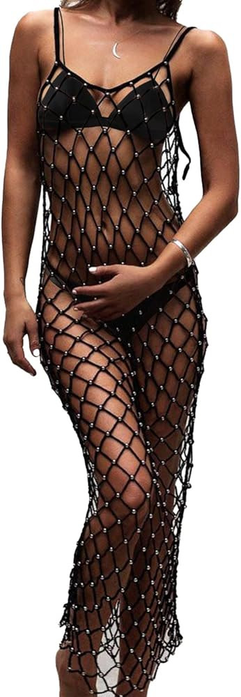 Ypser Women's Fishnet Cover Up Dress Rhinestone Long Maxi Dress Beach Crochet Bikini Coverup | Amazon (US)