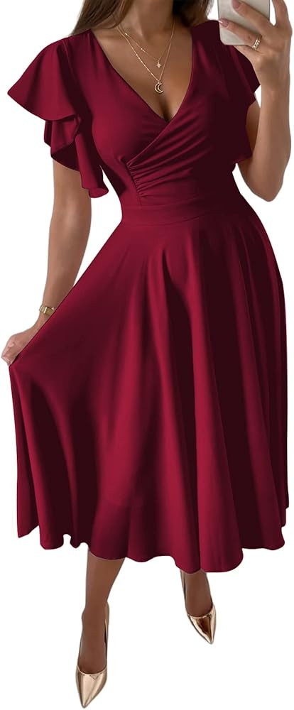 LYANER Women's Warp V Neck Ruffle Short Sleeve A Line Swing Flared Cocktail Party Midi Dress | Amazon (US)