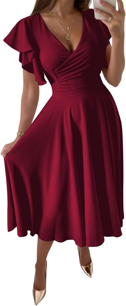 LYANER Women's Warp V Neck Ruffle Short Sleeve A Line Swing Flared Cocktail Party Midi Dress | Amazon (US)