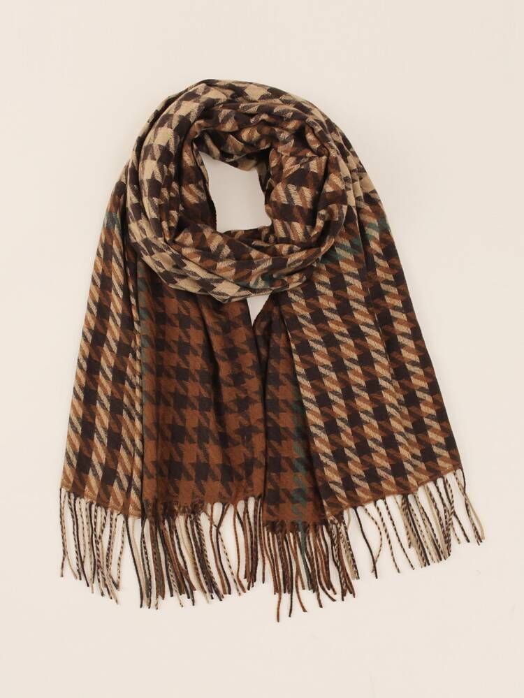 Houndstooth Print Fringe Trim Scarf | SHEIN