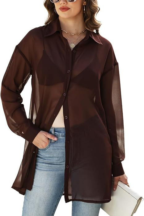 Gihuo Sheer Tops for Women See Through Button Up Blouse Sexy Mesh Shirt | Amazon (US)