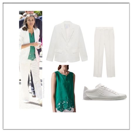 Queen Letizia May 31 2024 in Mango Niza Linen Suit and Pants/Vivobarefoot Sneakers/Aldofo Dominguez tank 