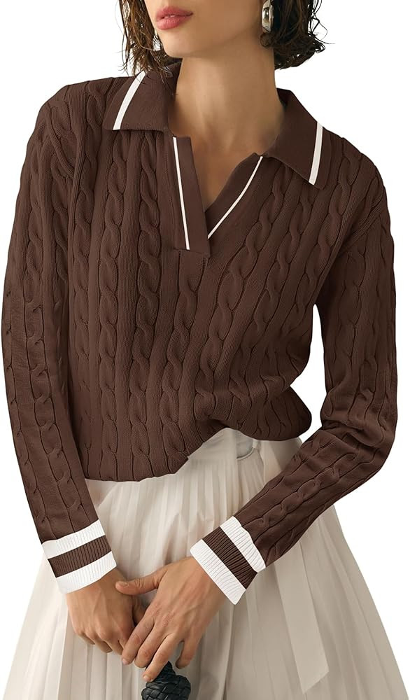 Micoson Womens Fall Long Sleeve Sweaters Lapel V Neck Cable Knitted Pullover Casual Soft Jumper T... | Amazon (US)