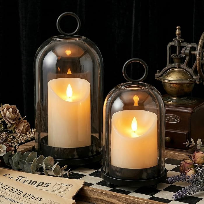 Hurricane Candle Holders Set of 2-10" & 7.8" Black Metal Base with Glass Dome, Includes 2 Pillar ... | Amazon (US)