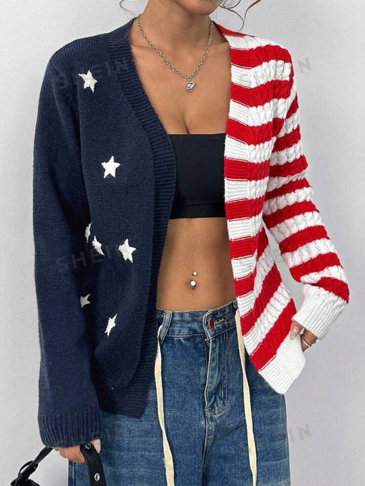 SHEIN EZwear American Flag Pattern Open Front Cardigan | SHEIN USA | SHEIN