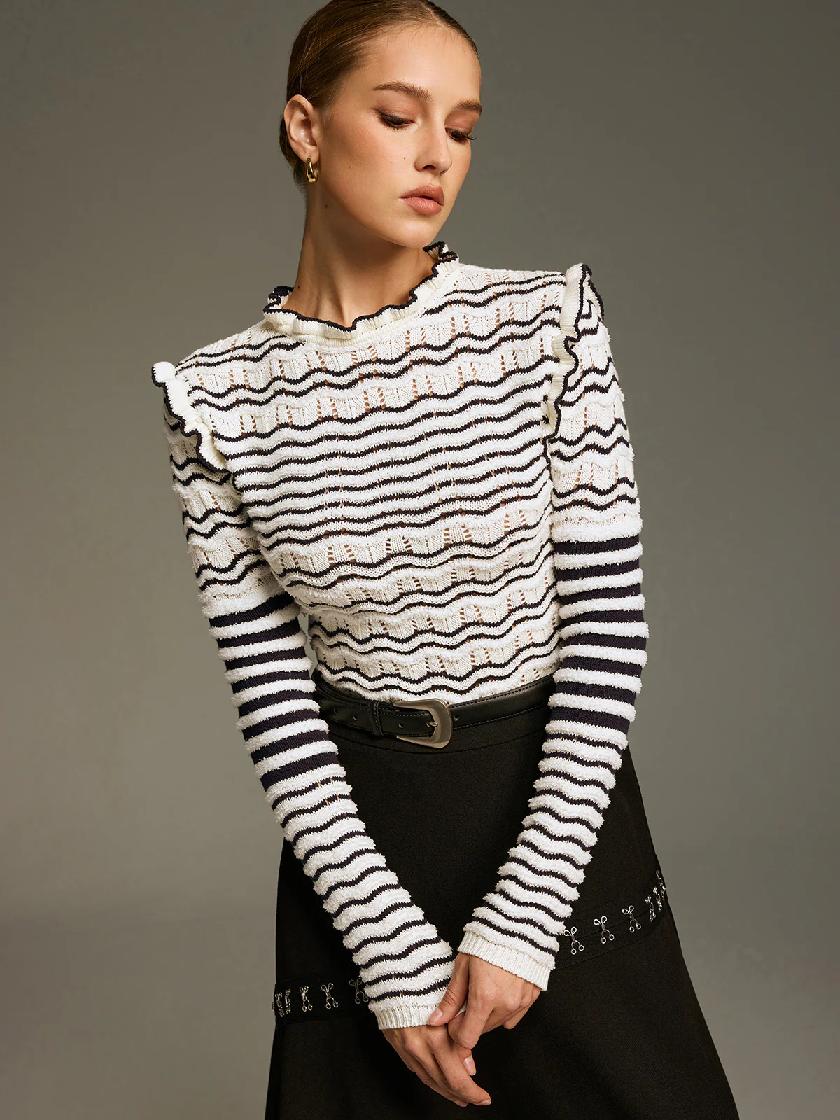Ruffled Striped Openwork Knit Top | Commense