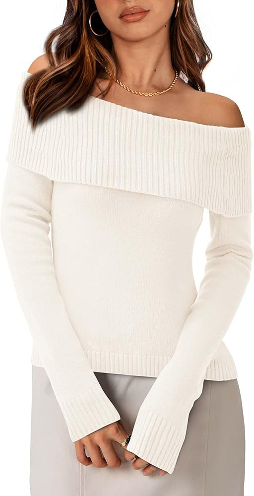 PRETTYGARDEN Women's Fall Off Shoulder Sweaters Y2K Long Sleeve Ribbed Knit Fitted Pullover Winte... | Amazon (US)