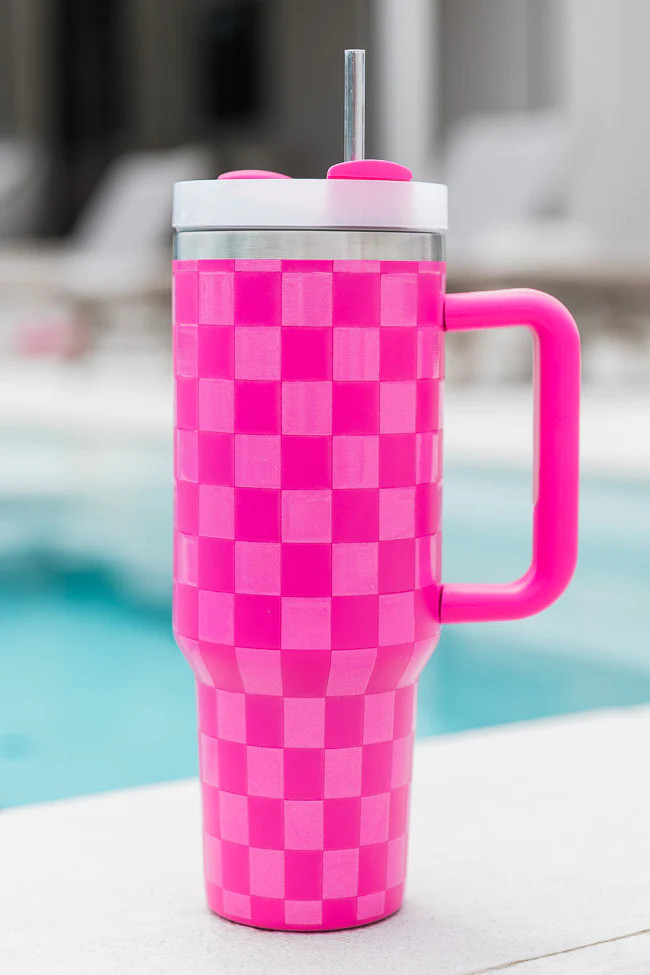 Sippin' Pretty Pink Tonal Checkered 40 oz Drink Tumbler With Lid And Straw | Pink Lily