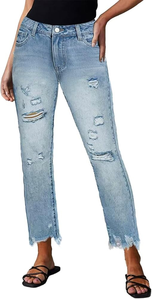 Flamingals Women's Cropped Straight Leg Jeans Ripped Boyfriend High Waisted Crop Denim Pants | Amazon (US)