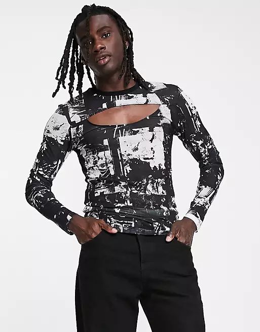 ASOS Unrvlld Spply muscle fit long sleeve T-shirt in all-over print power mesh in black and white | ASOS (Global)