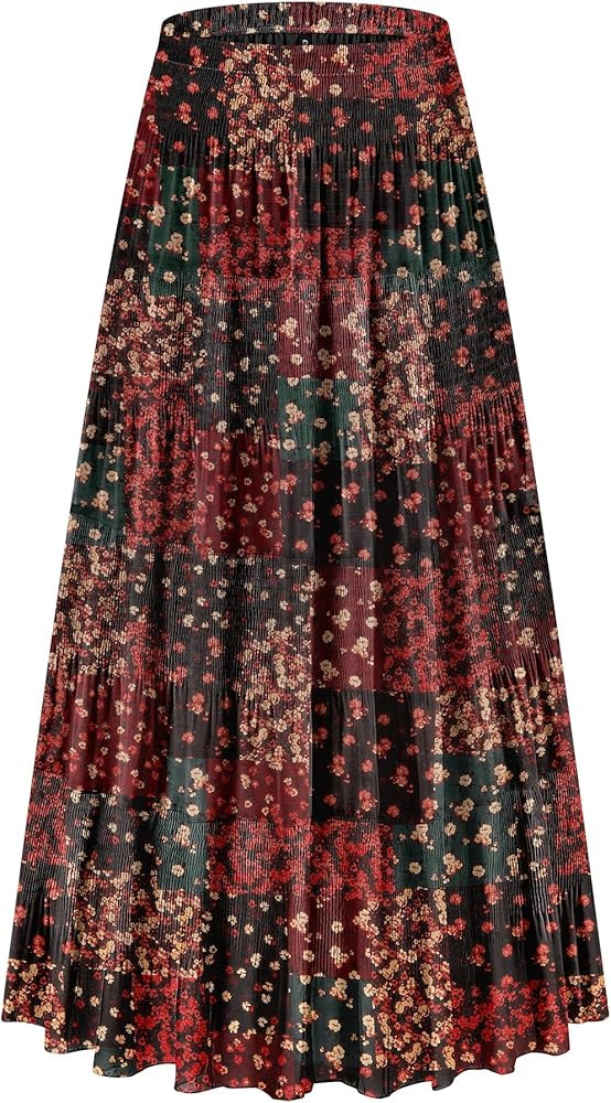 CYiNu Women's Chiffon Elastic High Waist Tiered Pleated Floral Printed A-Line Boho Long Maxi Skir... | Amazon (US)