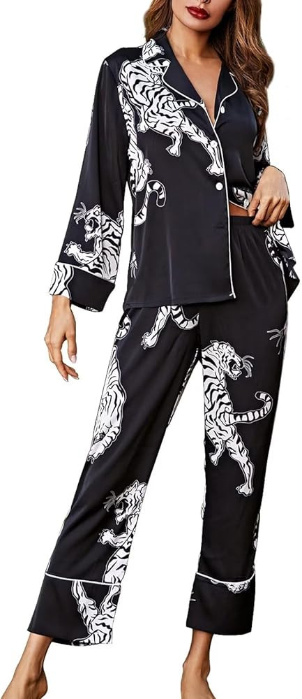 Brosloth Women's Silk Satin Pajamas Pjs Sets Cute Tiger Pattern Two Piece Loungewear Set Button U... | Amazon (US)