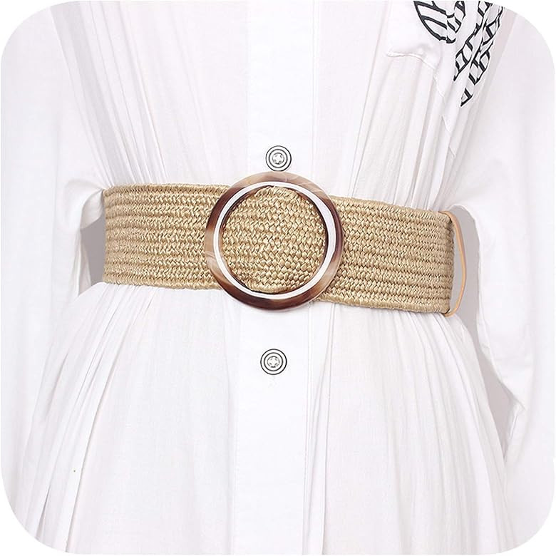 Women Skinny Dress Belt, Fashion Straw Woven Elastic Stretch Waist Band Wood Buckle Belt | Amazon (US)