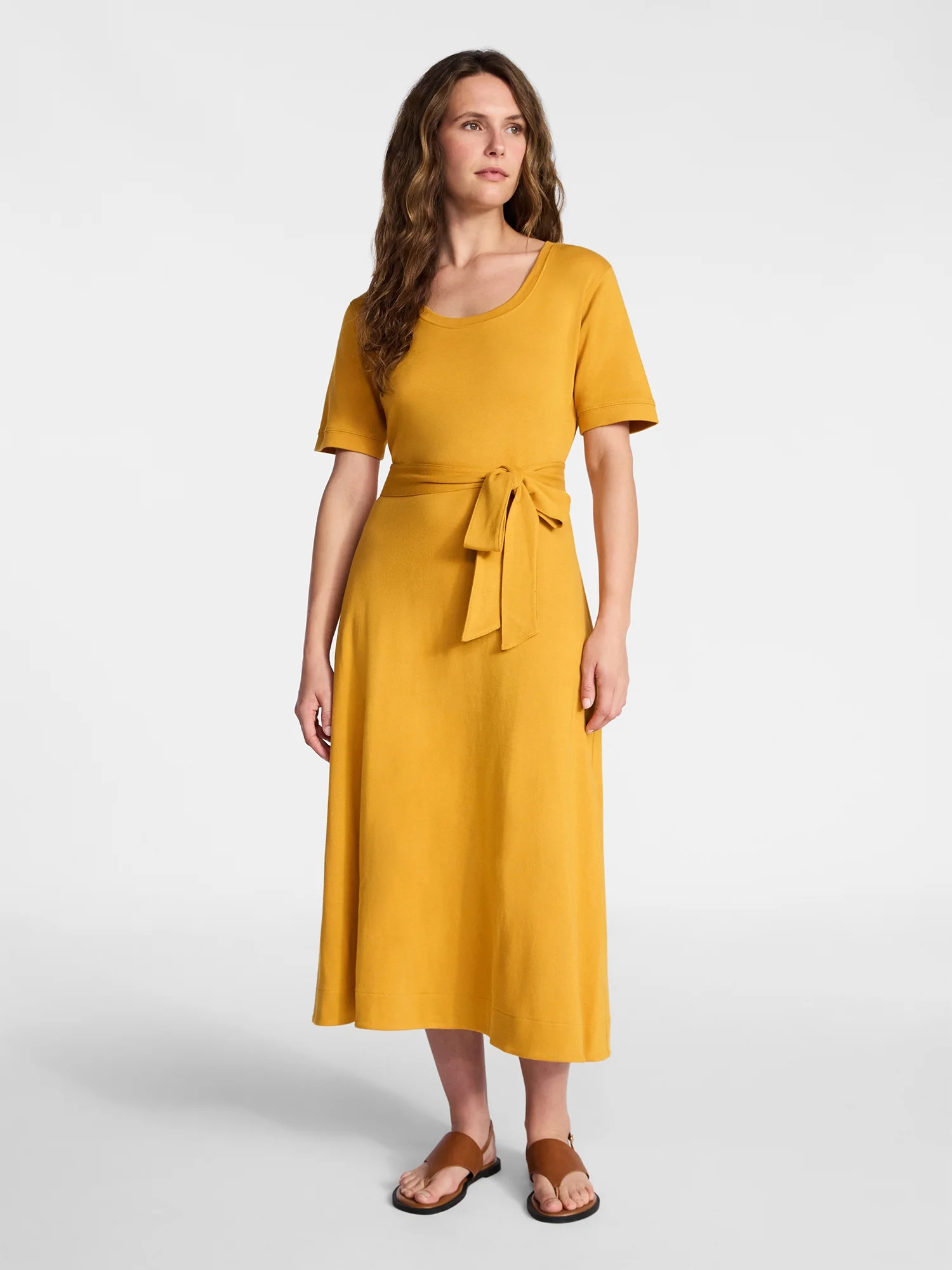 Time and Tru Women's Cotton Tie Front Midi Dress with Short Sleeves, Sizes XS-XXXL | Walmart (US)