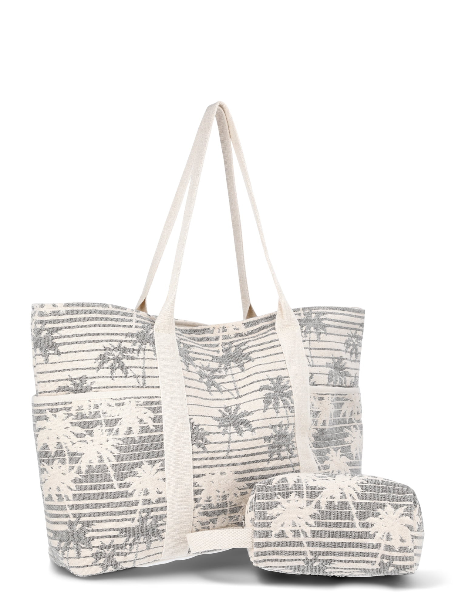 Time and Tru Women's Pocket Tote Handbag and Matching Pouch, Black and White Palm | Walmart (US)