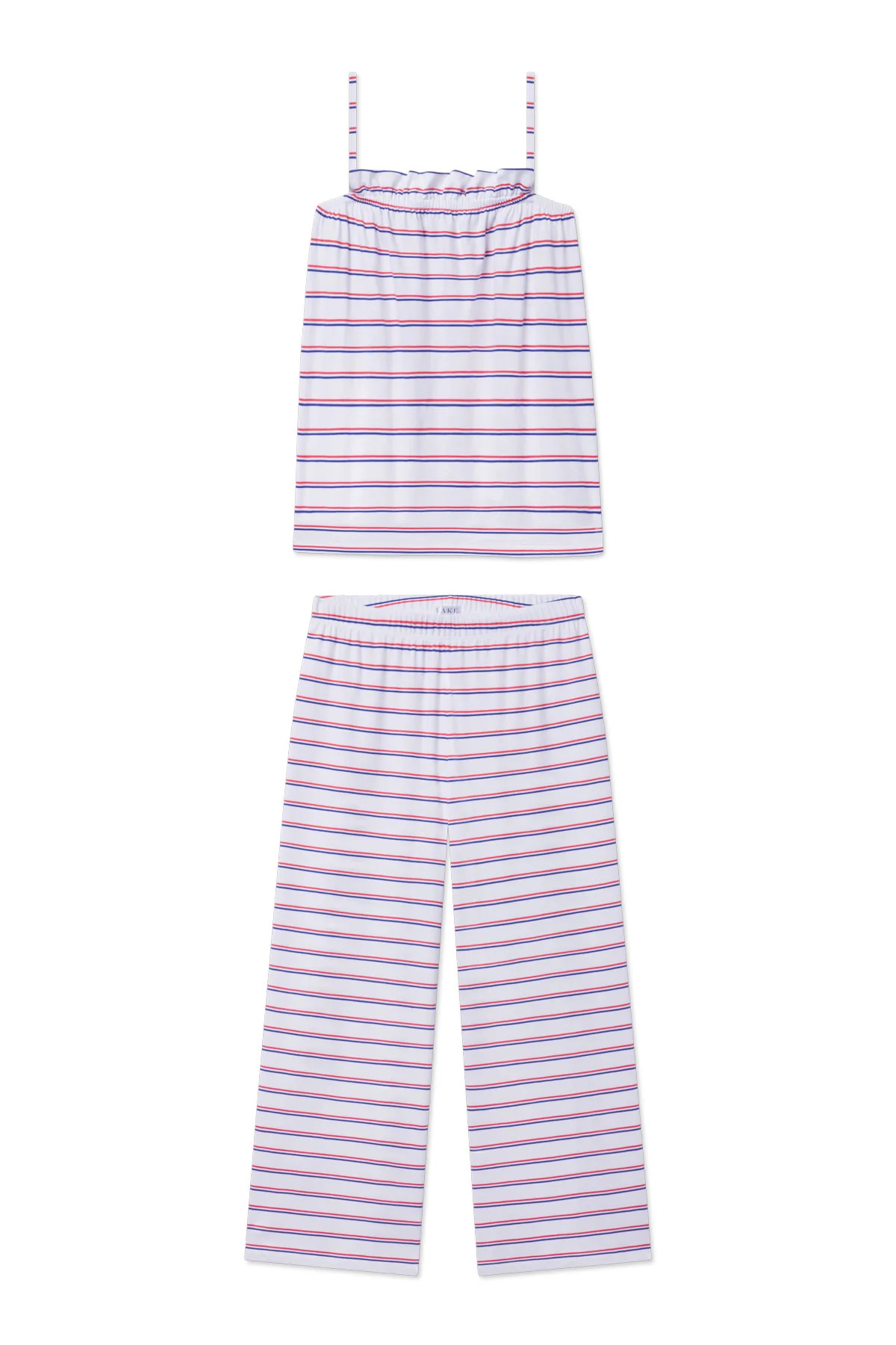 Pima Ruffle Pants Set in Lapis Bicolor Tidal Stripe | Lake Pajamas