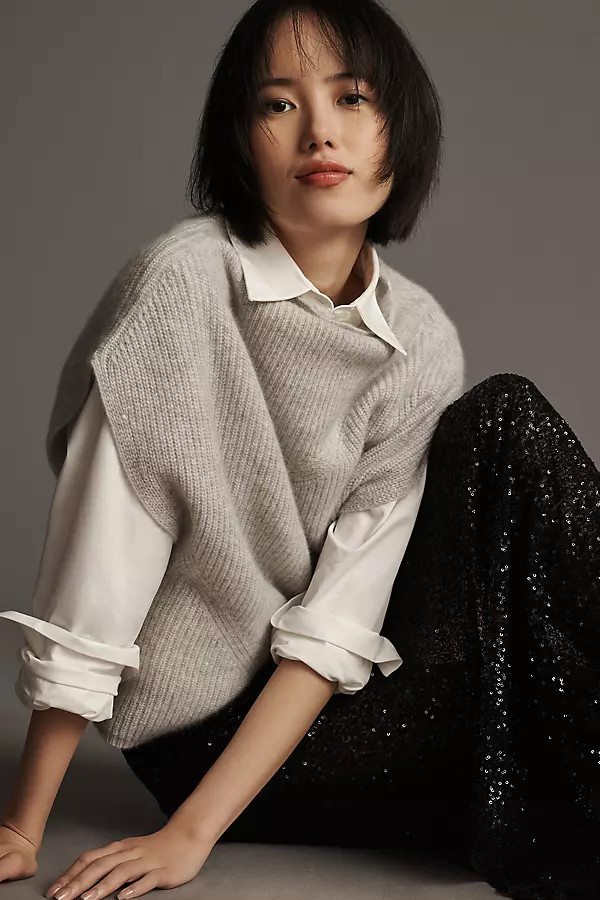 The Enza Oversized Ribbed Cashmere Vest By By Anthropologie in Grey Size XXS | Anthropologie (US)
