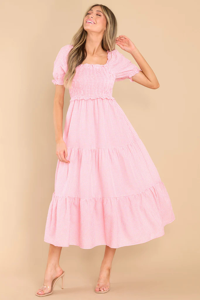 Acts Of Kindness Coral Pink Gingham Midi Dress | Red Dress 