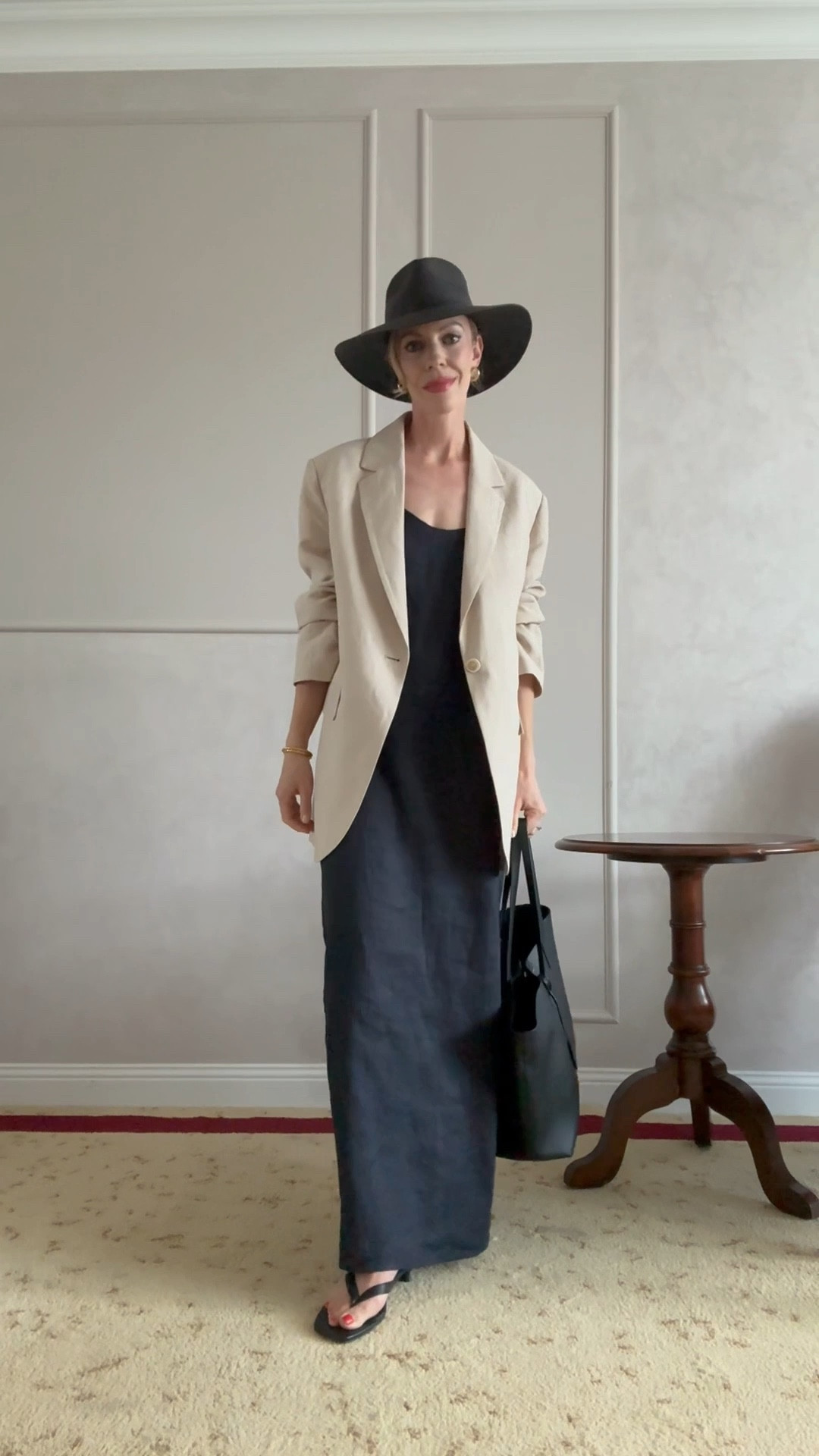 Summer outfit, vacation outfit, linen dress, linen blazer, thong kitten heel sandals, black straw hat, YSL tote bag

#LTKTravel #LTKSeasonal #LTKgrwm