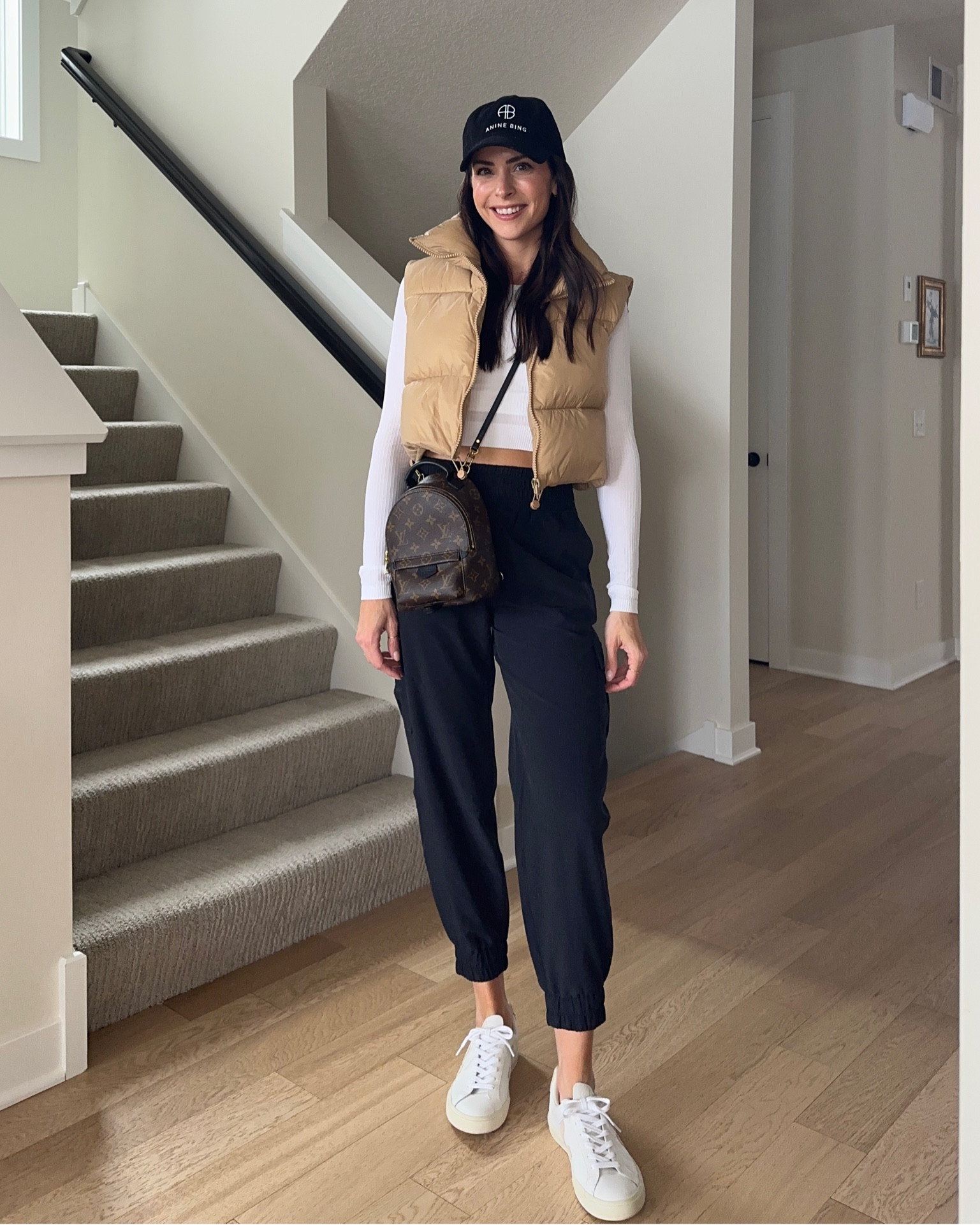 Cropped puffer vest: true to size (S) 
Cropped long sleeve shirt: size up 2 (6) 
Cargo joggers: tts (S)
Veja sneakers: tts  

Errands outfit, spring outfit, comfy outfits, travel look 

#LTKSeasonal #LTKFind #LTKtravel