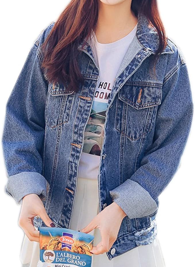 Saukiee Oversized Denim Jacket Distressed Boyfriend Jean Coat Jeans Trucker Jacket for Women Girl... | Amazon (US)