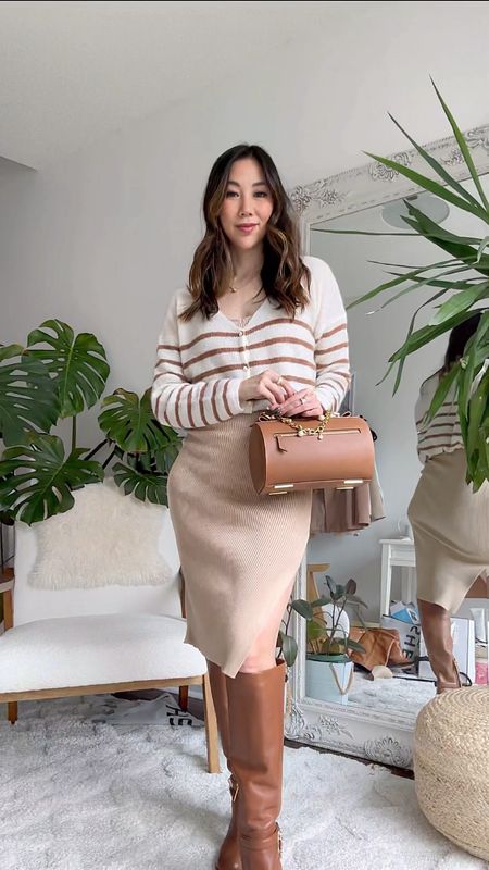 GRWM: Neutral workwear look with striped cardigan from @Sézane, knit dress from @Nordstrom, boots from @Michael Kors and this cute barrel bag from @senreve. 

#neutraloutfit #workwearfashion #officeoutfit #senreve #sezane #michaelkors #grwmoutfit #corporategirl 