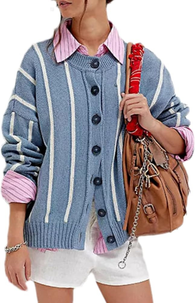 Bozanly Women's Striped Cardigan Sweaters Casual Long Sleeve Open Front Button Up Knit Outerwear ... | Amazon (US)