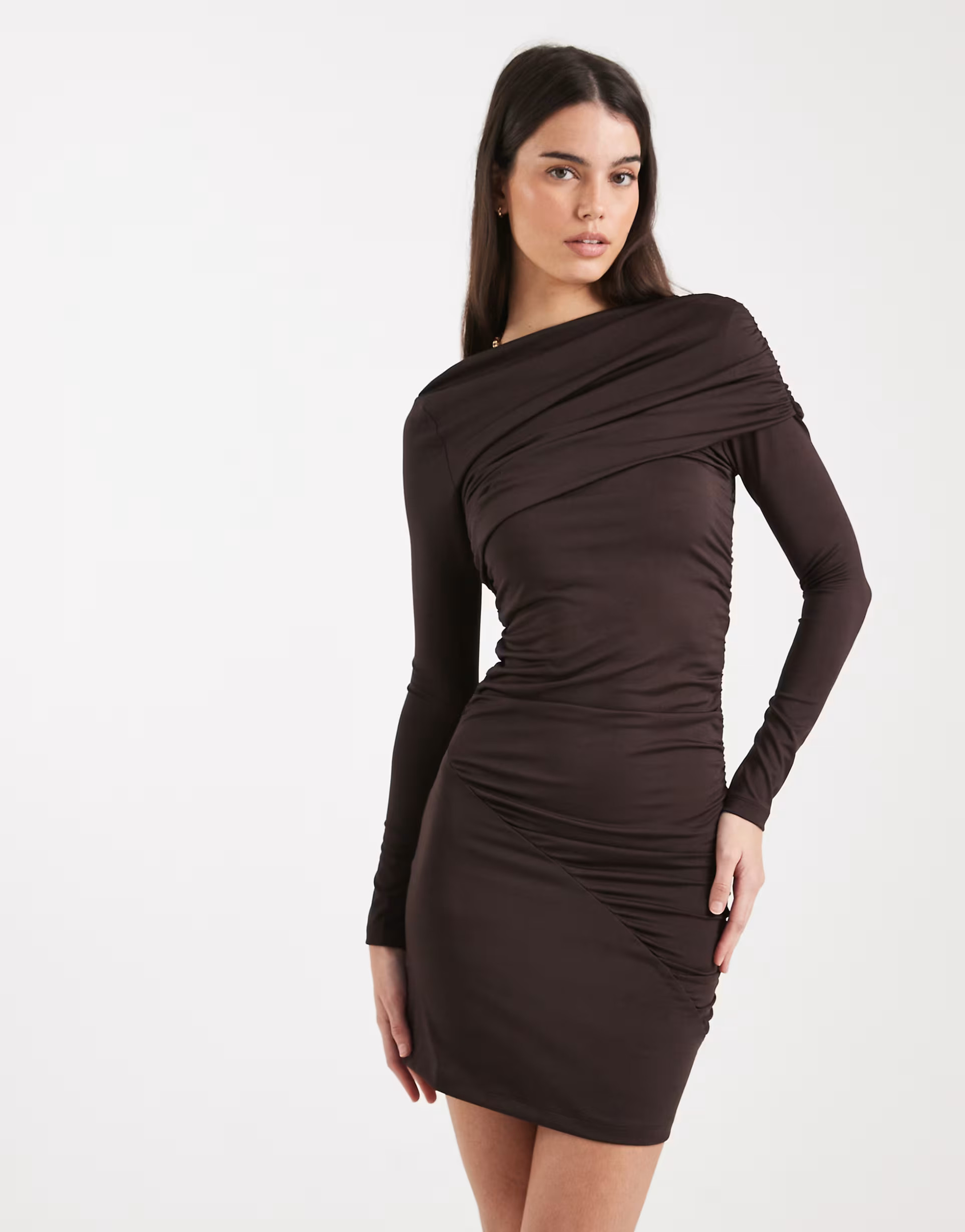 4th & Reckless double layered slinky drape shoulder detail mini dress in chocolate | ASOS (Global)